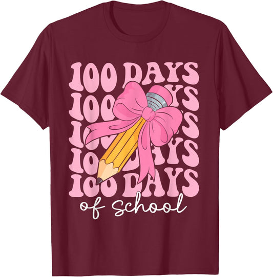 Coquette Bow 100 Days of School Teacher 100th Day of School T-Shirt - T-Shirt | Maroon