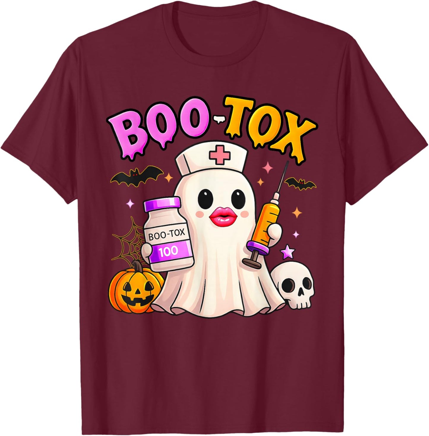 Funny Boo Tox Aesthetic Nurse Ghost Skull Pumpkin Halloween T-Shirt - T-Shirt | Maroon