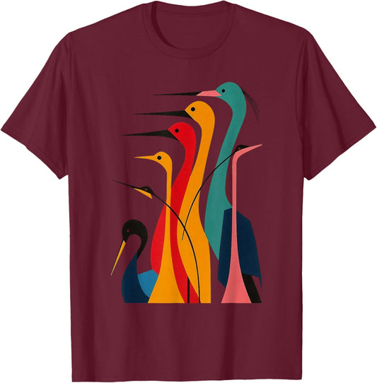 Various Types of Cranes Abstract Colorful Birds Minimalist T-Shirt - T-Shirt | Maroon