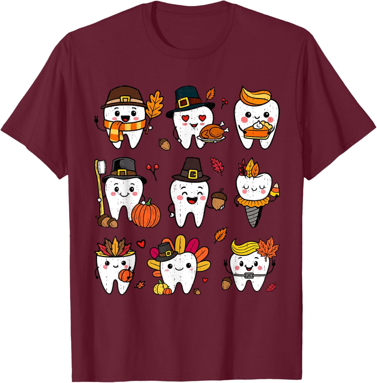 Cute Teeth Turkey Dentist Thanksgiving Fall Dental Assistant T-Shirt - T-Shirt | Maroon