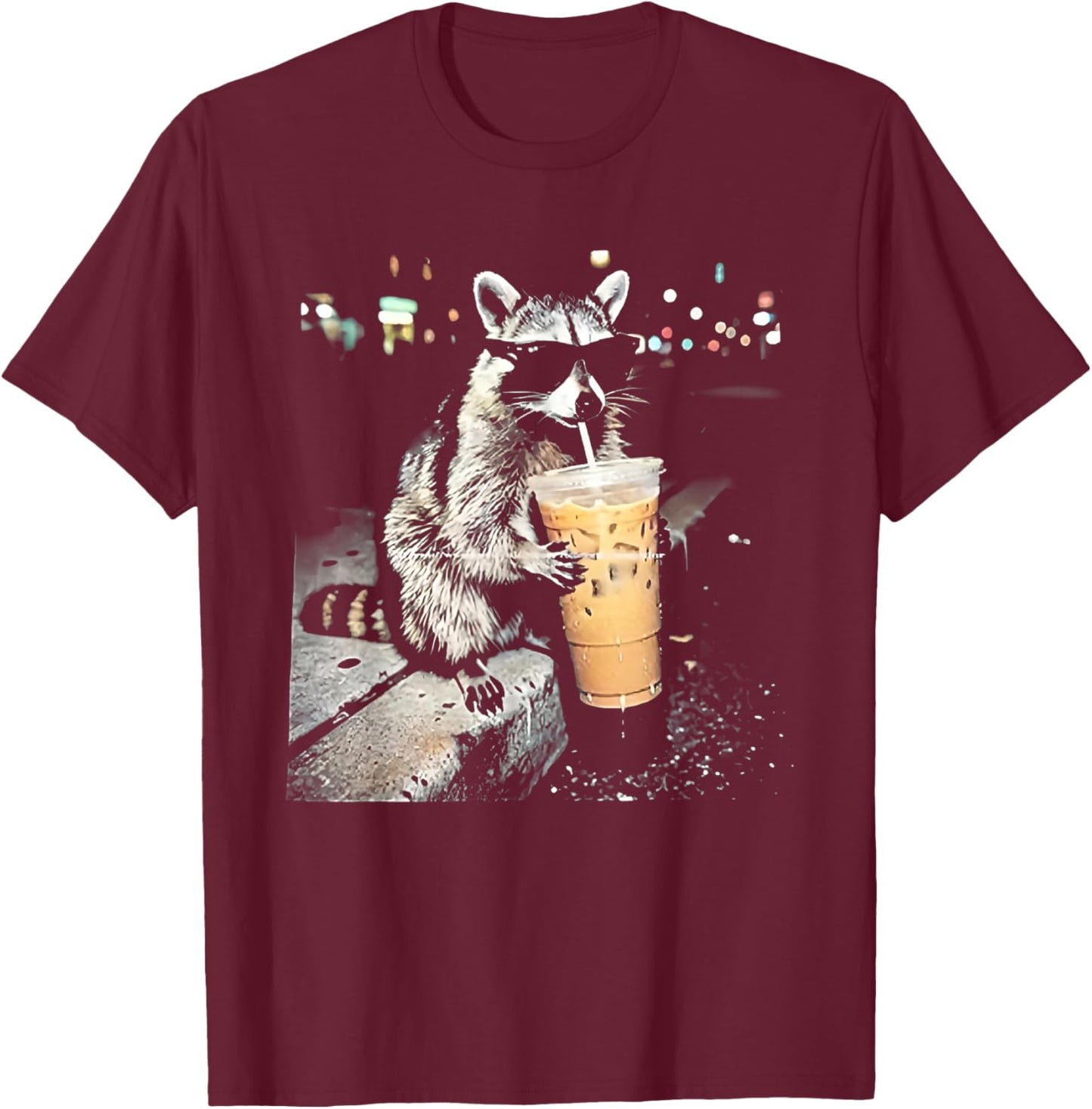 Funny Raccoon Drinking iced Coffee T-Shirt - T-Shirt | Maroon