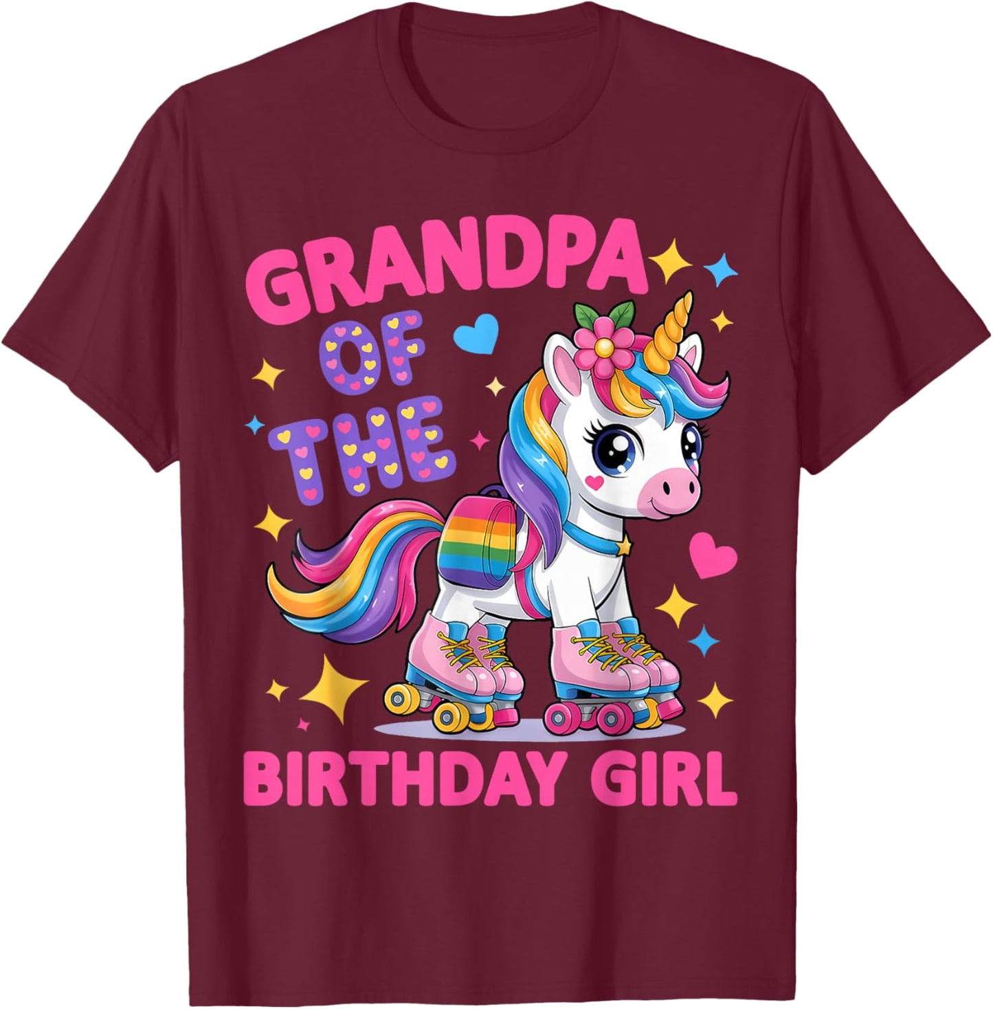 Grandpa of The Birthday Girl Rolling Unicorn Birthday Party T-Shirt - T-Shirt | Maroon