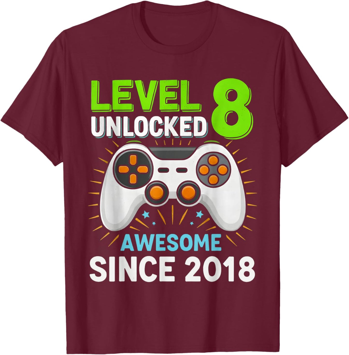 Level 8 Unlocked Awesome Since 2018 Gaming Birthday 8th Boys T-Shirt - T-Shirt | Maroon