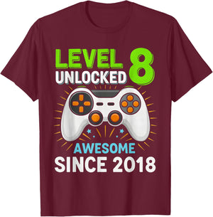 Level 8 Unlocked Awesome Since 2018 Gaming Birthday 8th Boys T-Shirt - T-Shirt | Maroon