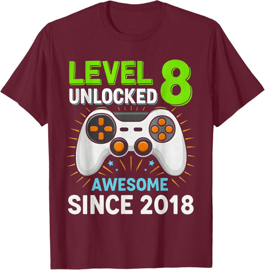 Level 8 Unlocked Awesome Since 2018 Gaming Birthday 8th Boys T-Shirt - T-Shirt | Maroon