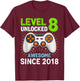 Level 8 Unlocked Awesome Since 2018 Gaming Birthday 8th Boys T-Shirt - T-Shirt | Maroon