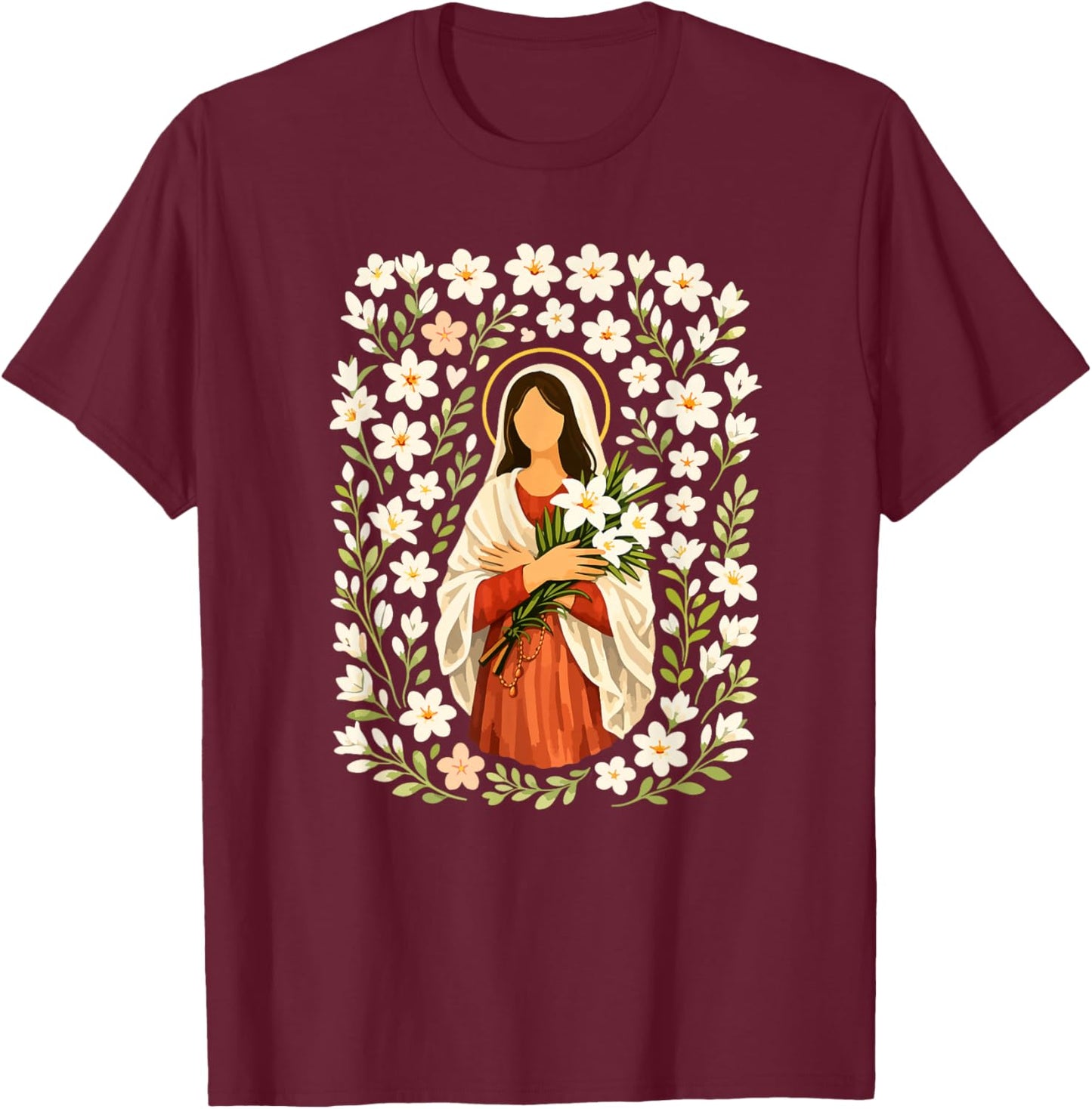 St Maria Goretti Lillies Artwork Catholic T-Shirt - T-Shirt | Maroon