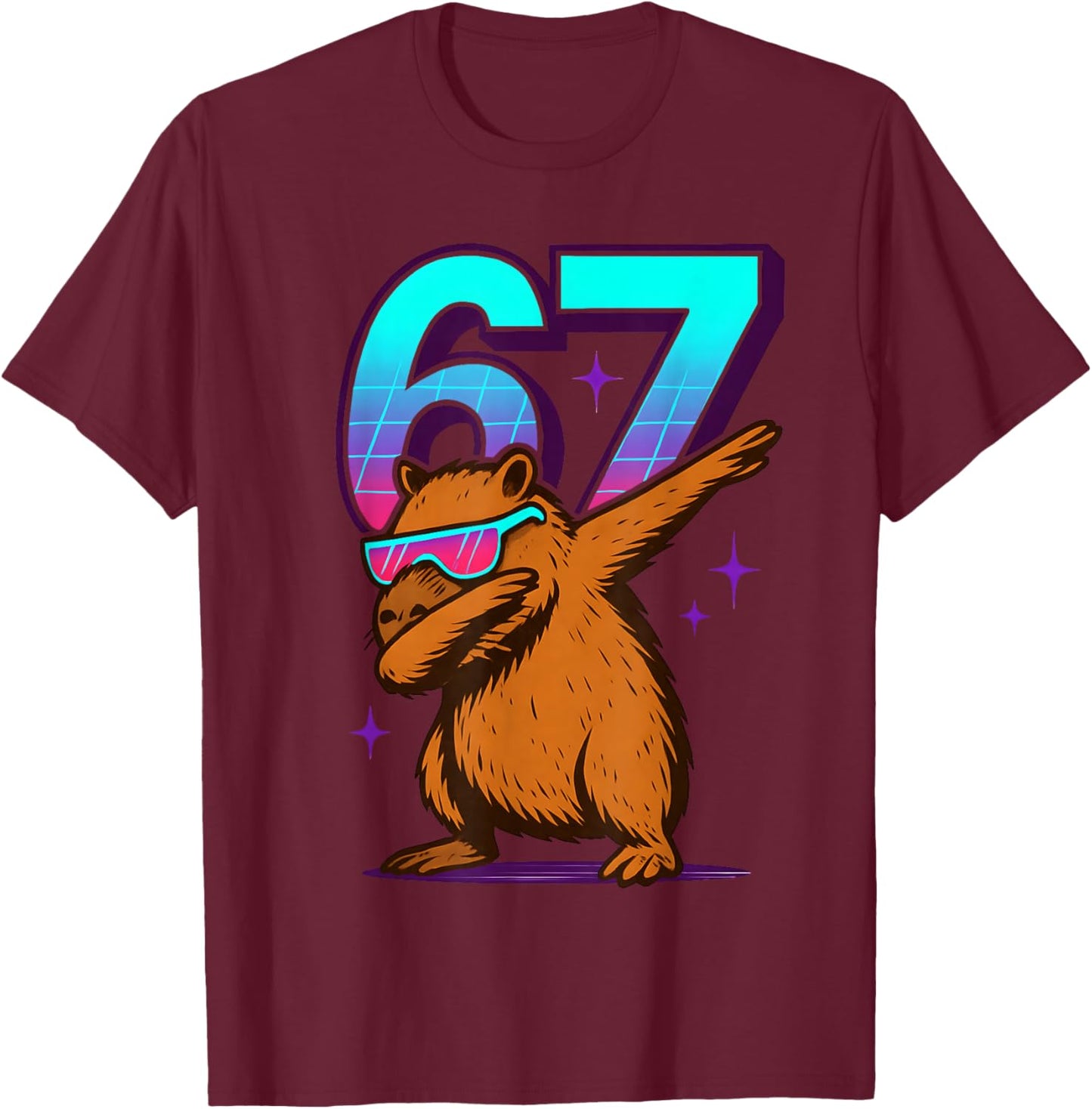 Neon Retro Dabbing Capybara 67 Meme Capy Lover Teens Kids T-Shirt - T-Shirt | Maroon
