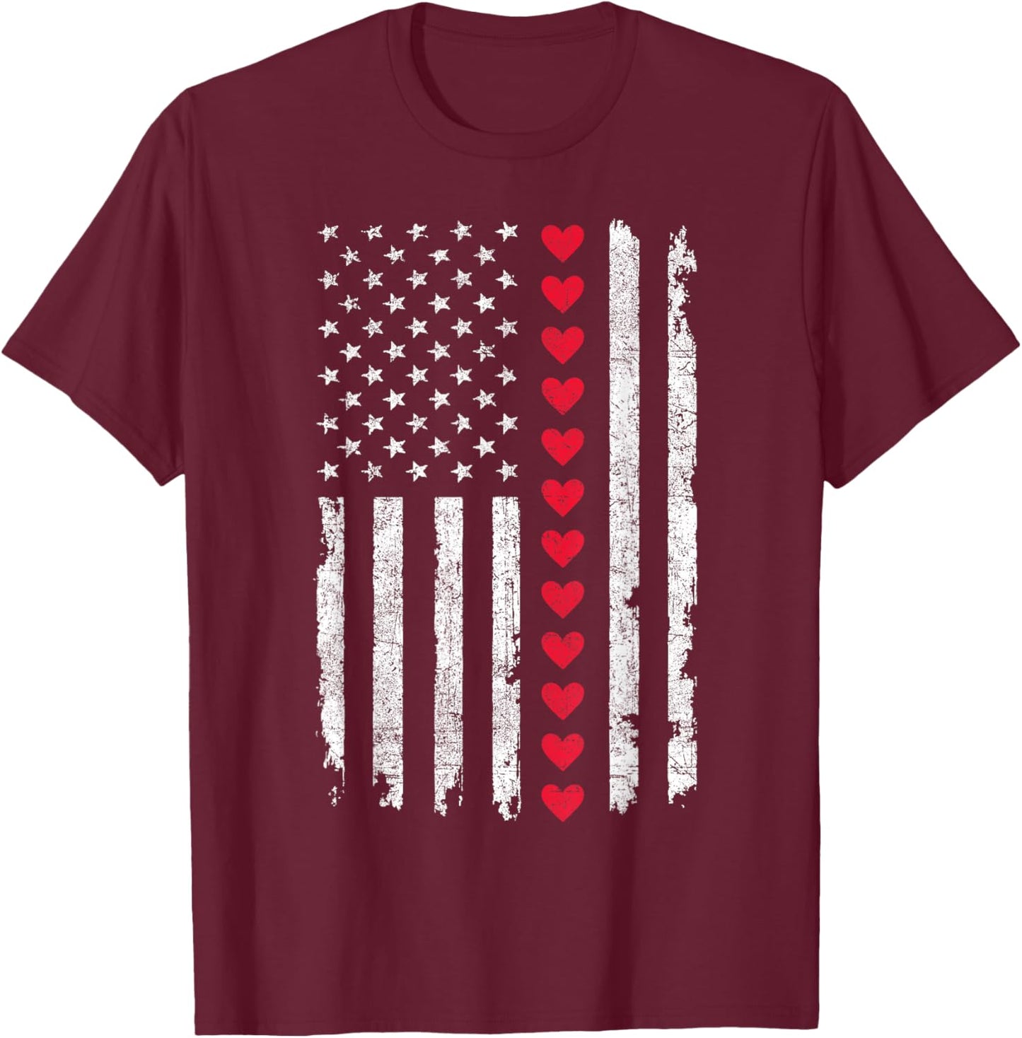 Valentines Day US American Flag Red Hearts Patriotic Love T-Shirt - T-Shirt | Maroon