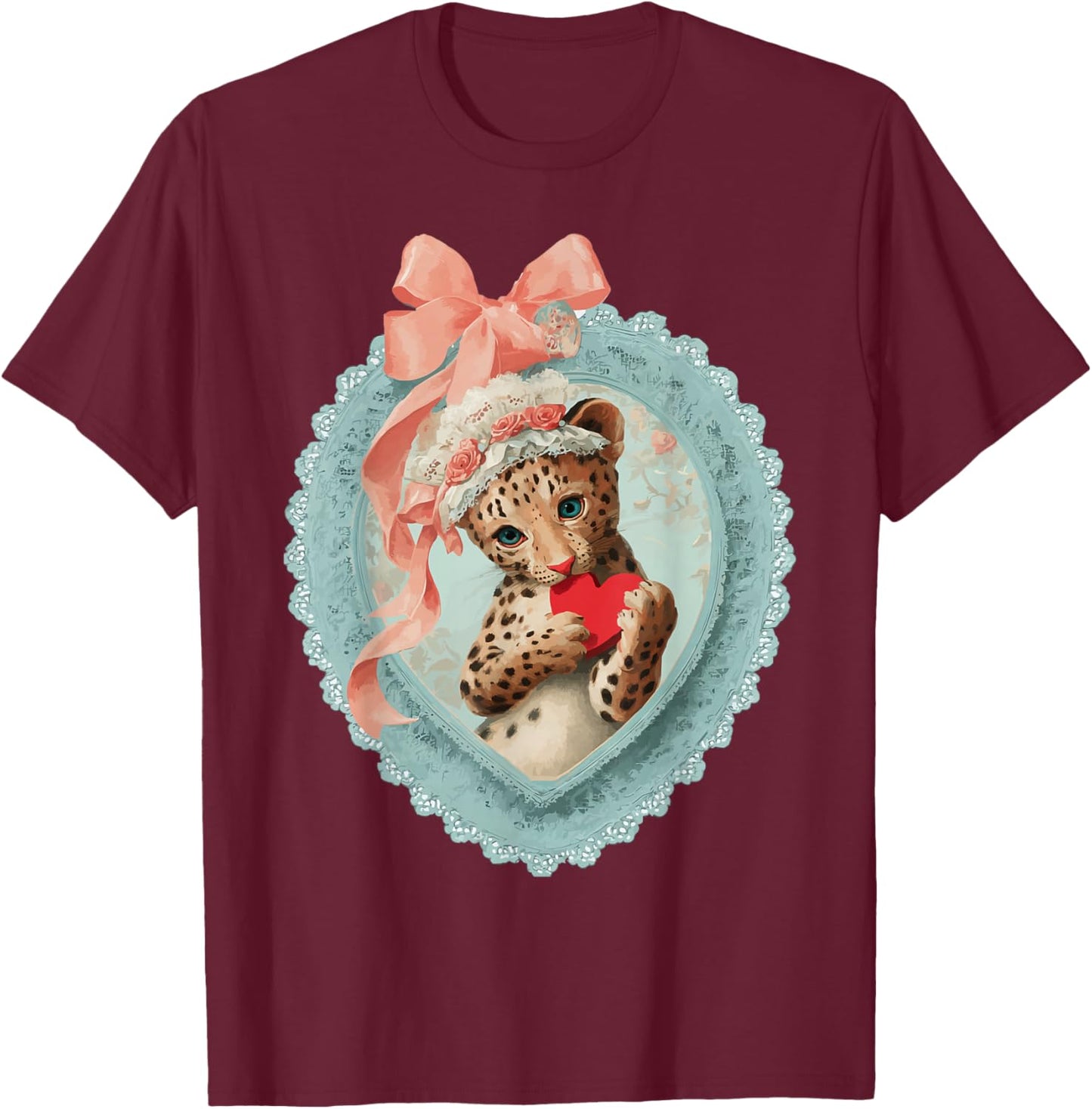 Cute Leopard Valentine with Heart Vintage Animal Coquette T-Shirt - T-Shirt | Maroon