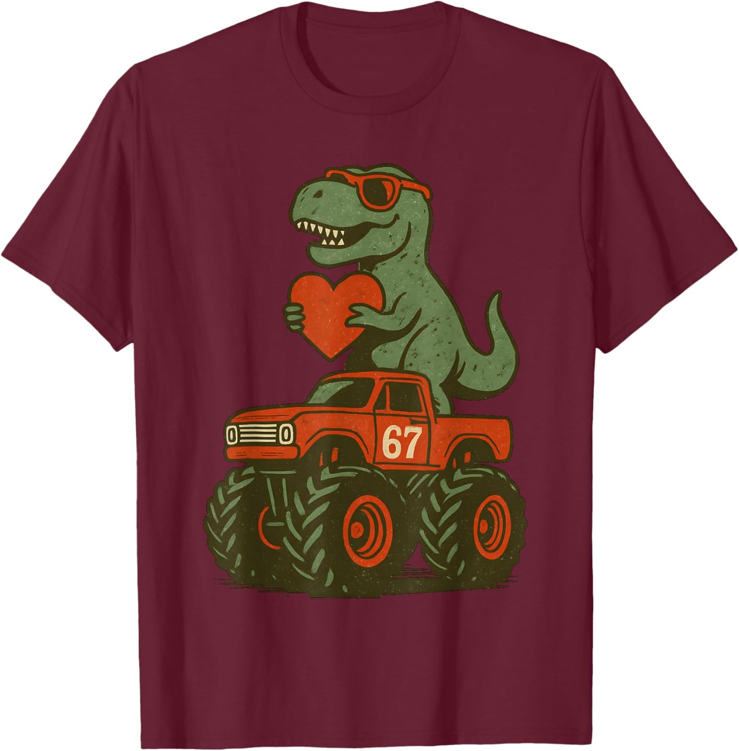 Valentines Day Trex 67 Meme Dinosaur 6 7 Dino Riding Truck T-Shirt - T-Shirt | Maroon