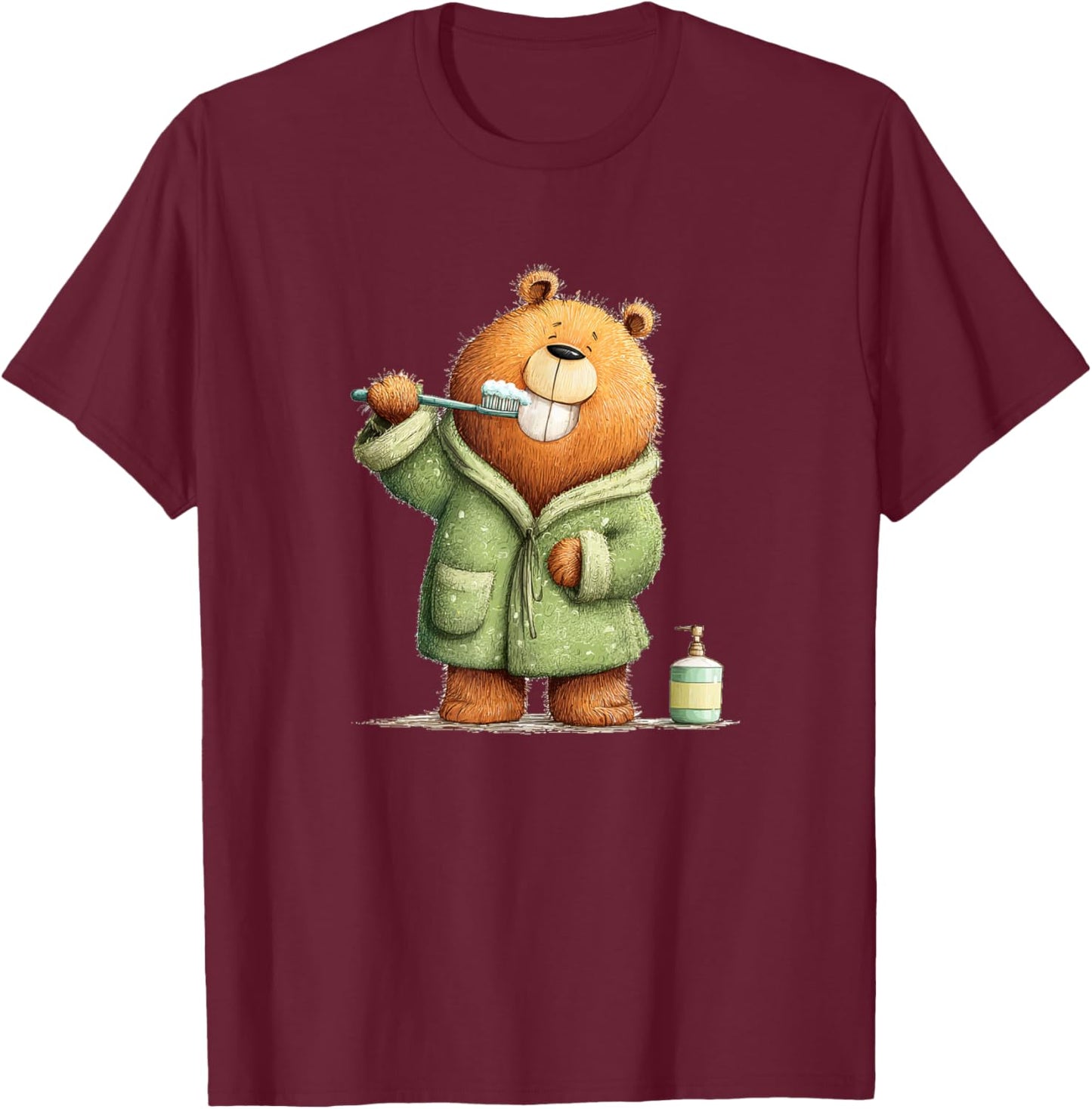 Cute Teeth Brushing Teddy Bear Graphic for Boys and Girls T-Shirt - T-Shirt | Maroon