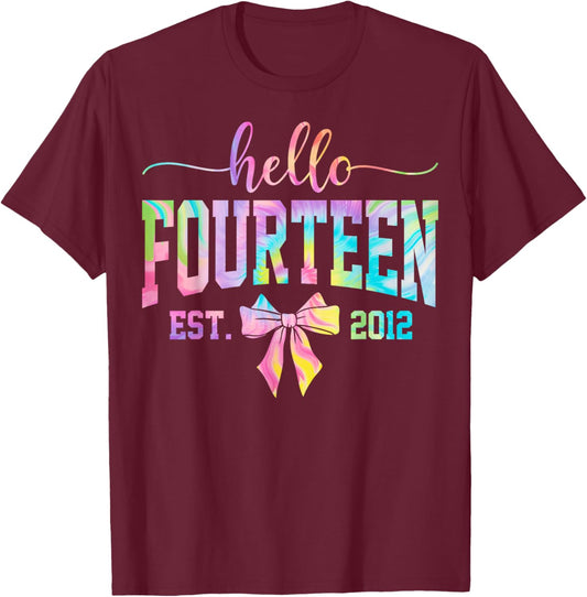 Hello Fourteen EST 2012 14th Birthday Coquette 14 Year Girl T-Shirt - T-Shirt | Maroon