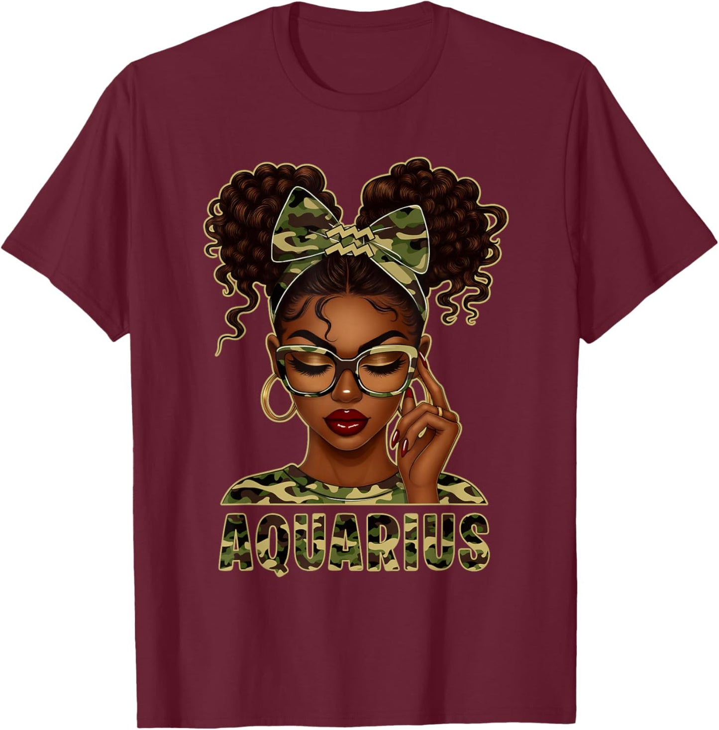 It's My Birthday Aquarius Girl Camo Zodiac Black Queen T-Shirt - T-Shirt | Maroon