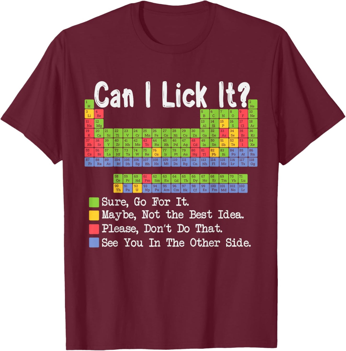 Can I Lick It Science Teacher Gag Periodic Table of Elements T-Shirt - T-Shirt | Maroon