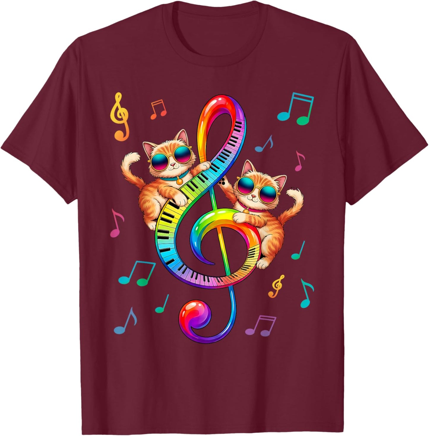 Cute Cat Kitty Playing Music Clef Piano Musician Art T-Shirt - T-Shirt | Maroon