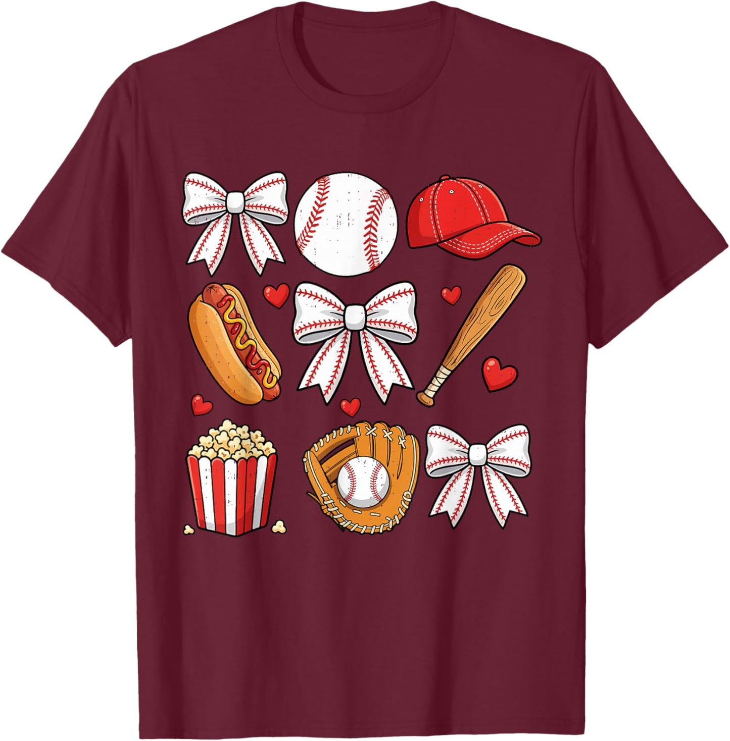 Cute Baseball Bow Girls Baseball Mom Mama Game Day T-Shirt - T-Shirt | Maroon