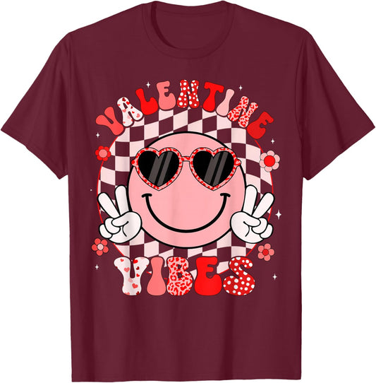 Groovy Valentine Vibes Valentines Day Shirts Women Girl Kids T-Shirt - T-Shirt | Maroon