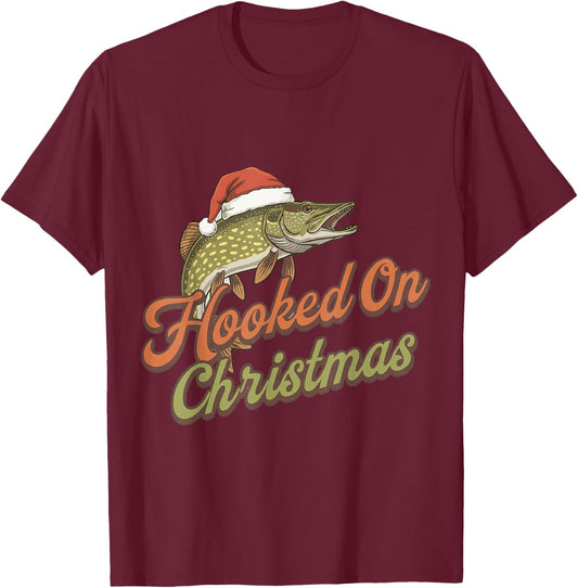 Hooked On Christmas Funny Pike Fishing Xmas T-Shirt - T-Shirt | Maroon