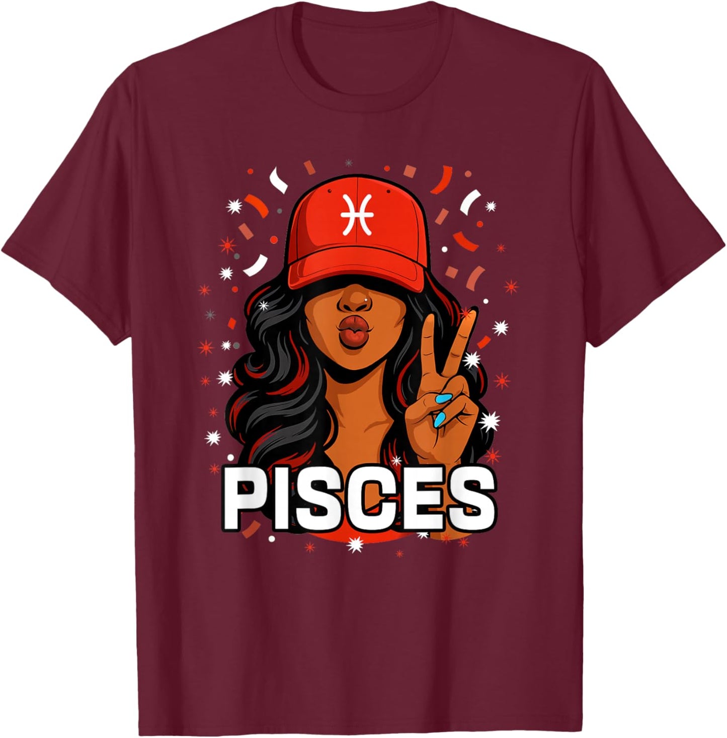 Pisces Black Woman Red Hat Symbol Birthday Zodiac T-Shirt - T-Shirt | Maroon