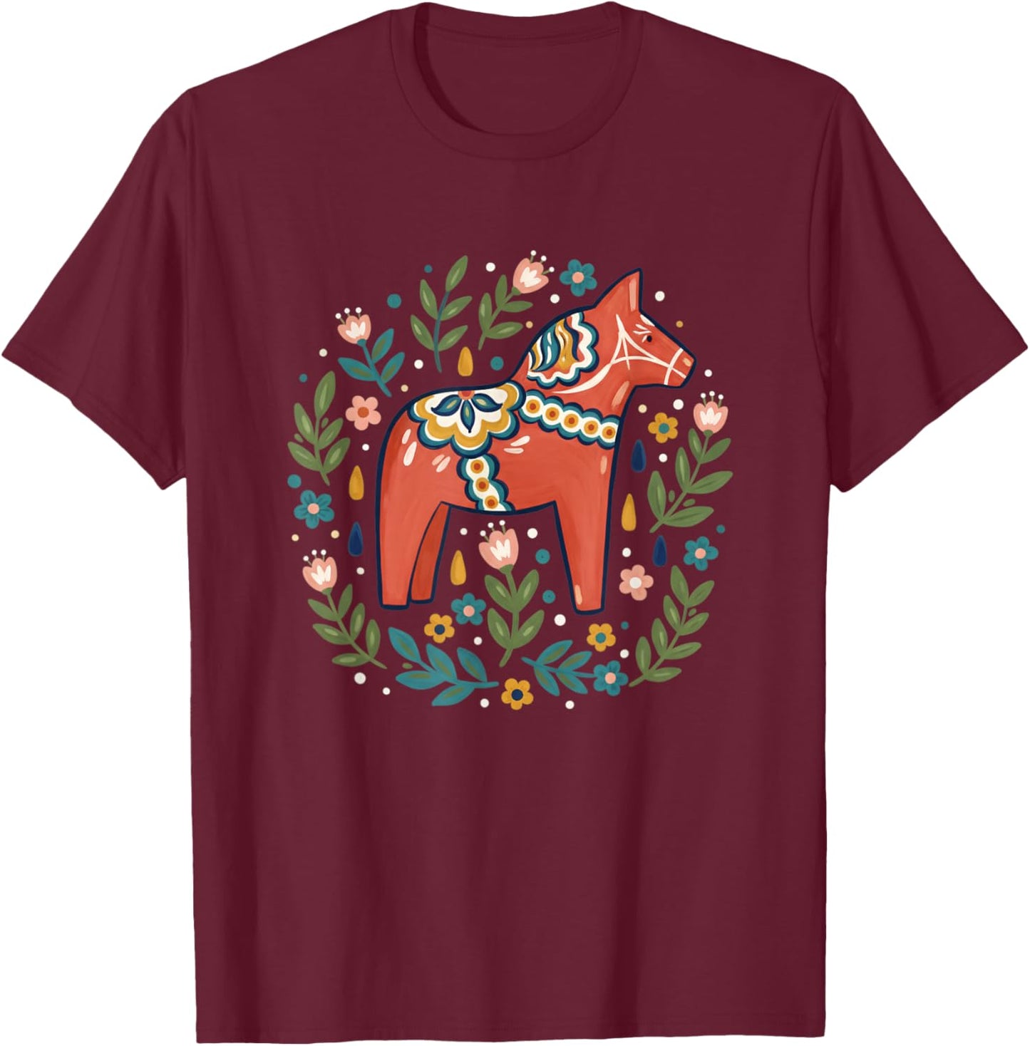 Dala Horse Folk Art Floral Farm Animals Horse Swedish Folk T-Shirt - T-Shirt | Maroon