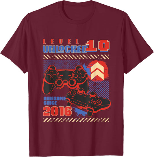 Level 10 Unlocked Awesome Since 2016 10th Birthday Gaming T-Shirt - T-Shirt | Maroon