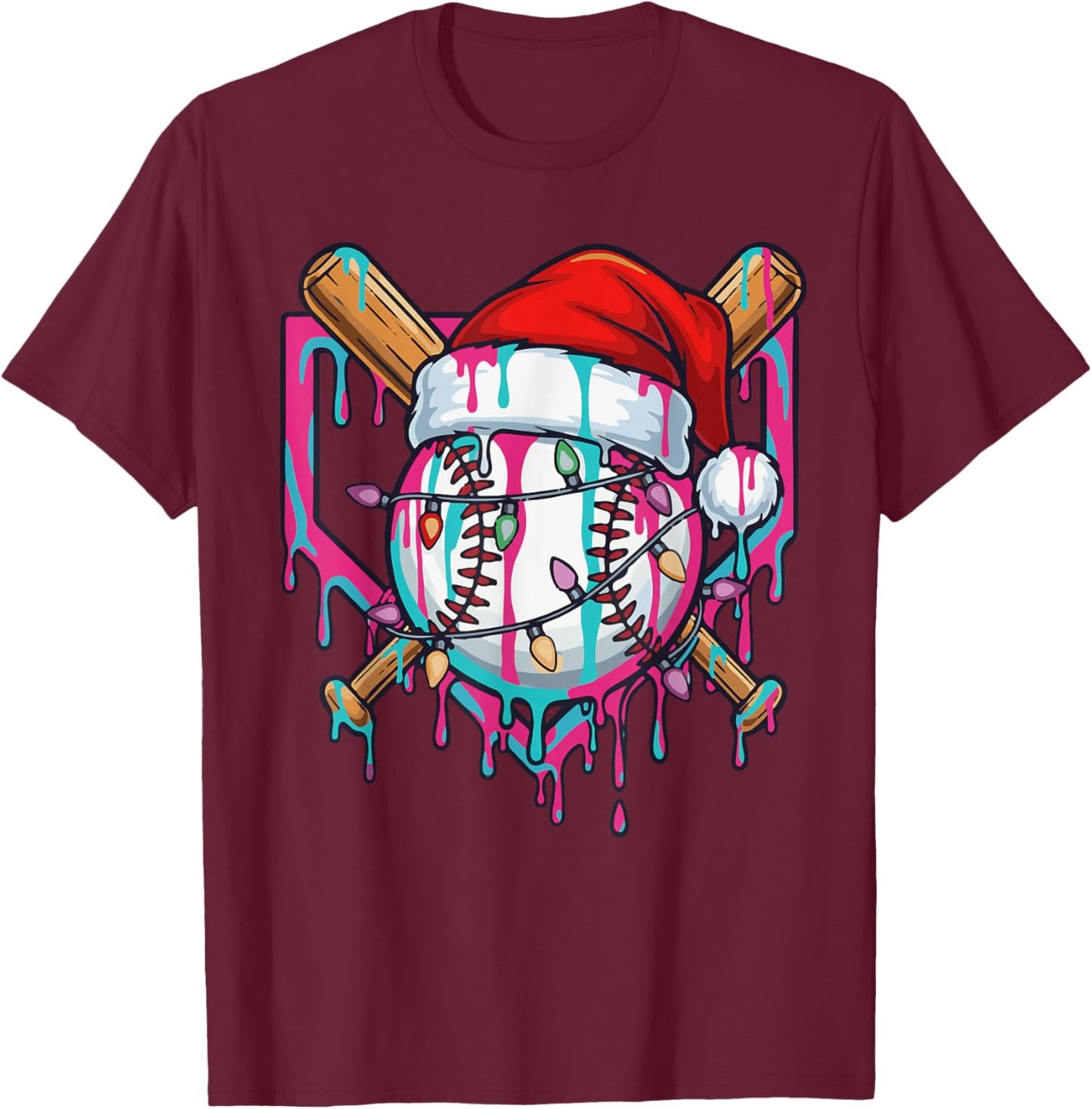 Baseball Christmas Santa Hat Baseball Christmas Drip T-Shirt - T-Shirt | Maroon