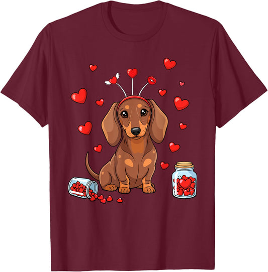 Cute Dachshund Valentine's Day Heart Love Dog Mom Dog Dad T-Shirt - T-Shirt | Maroon