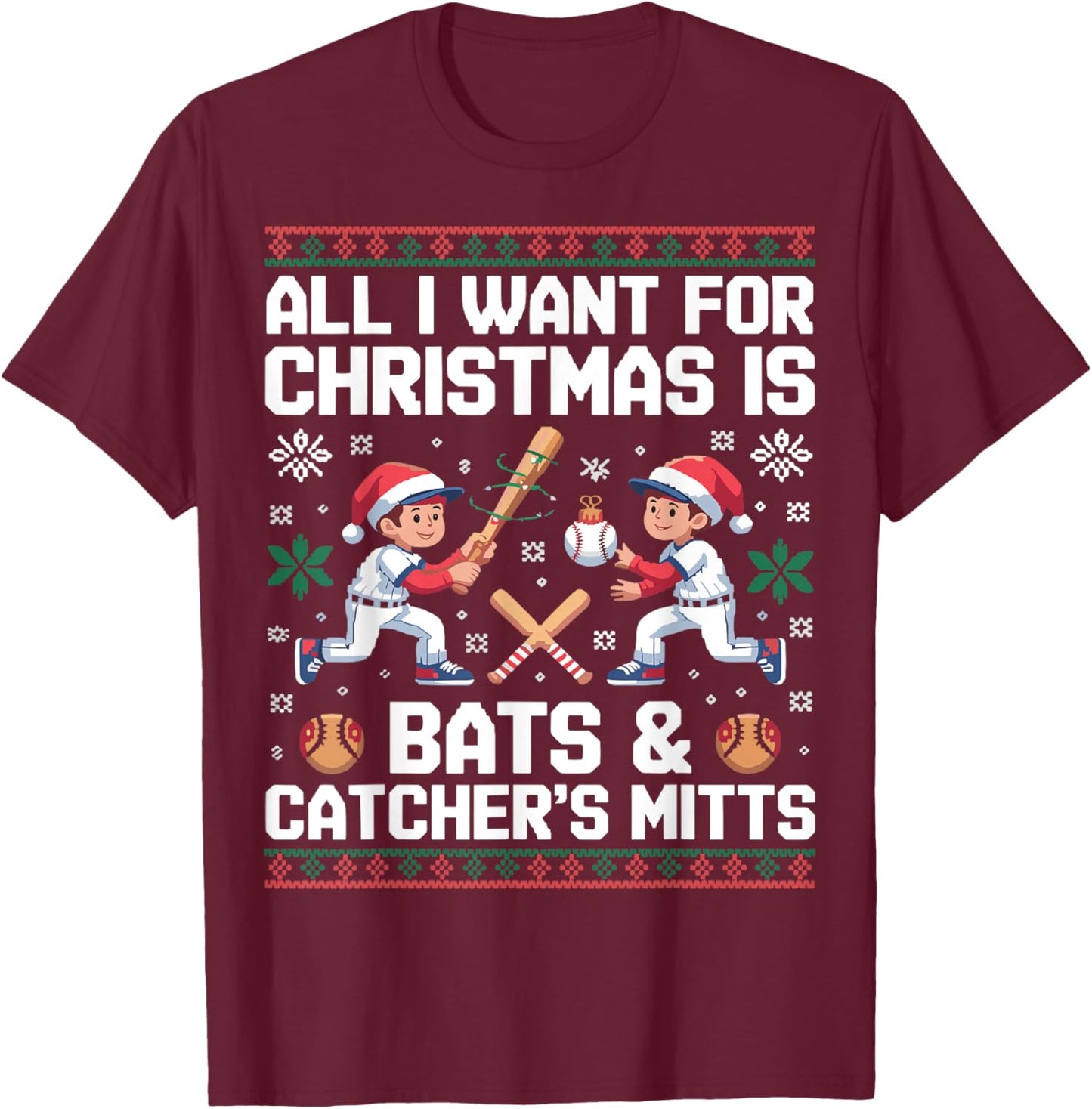 Funny Christmas Baseball Bats Catcher Mitts Holiday T-Shirt - T-Shirt | Maroon