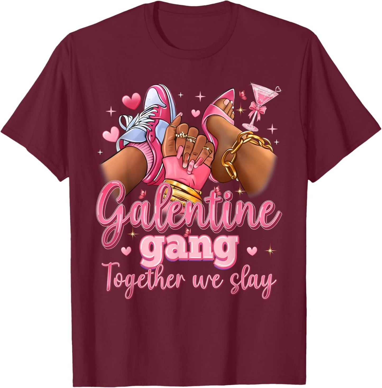 Galentine Gang Black Women High Heels Sneakers Nails Graphic T-Shirt - T-Shirt | Maroon