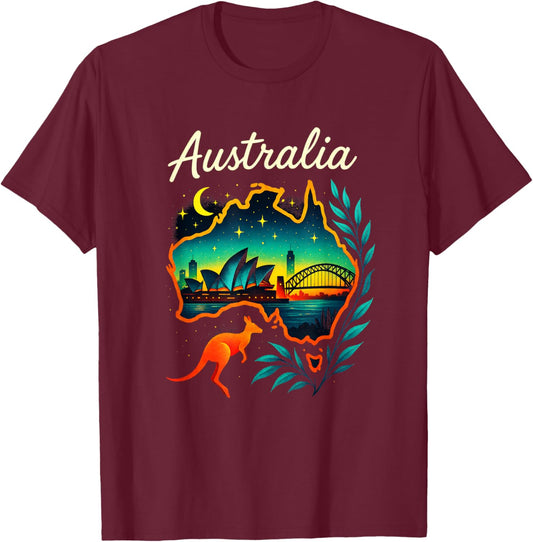Australia - Map, Flag, Vintage, Kangaroo T-Shirt - T-Shirt | Maroon