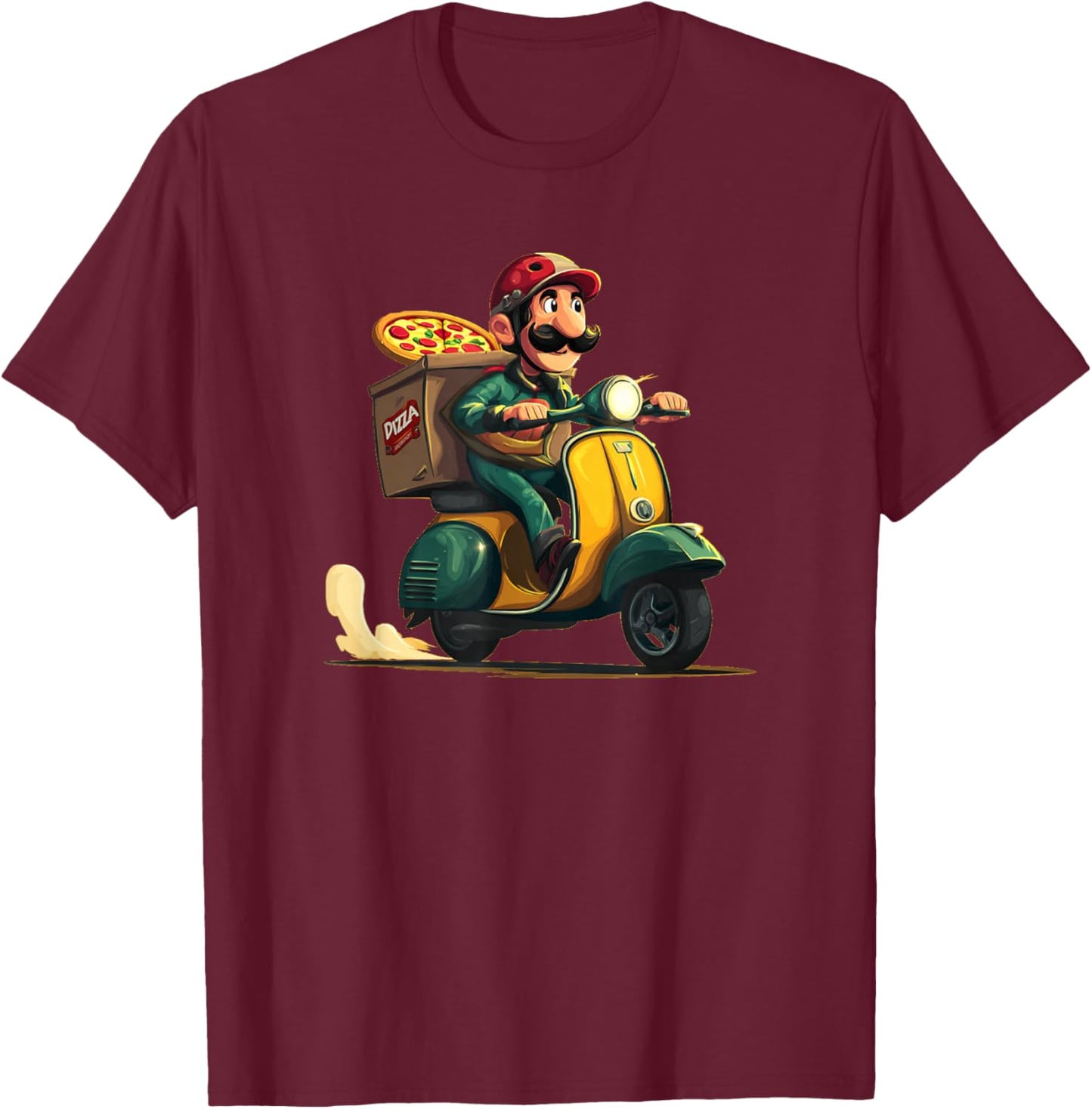 Pizza Delivery Guy with Mustache Beard for Scooter Fans T-Shirt - T-Shirt | Maroon