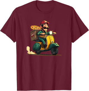 Pizza Delivery Guy with Mustache Beard for Scooter Fans T-Shirt - T-Shirt | Maroon