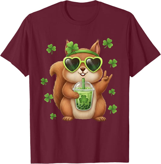 Cute Squirrel St Patricks Day Shamrock Squirrel Rock Lovers T-Shirt - T-Shirt | Maroon
