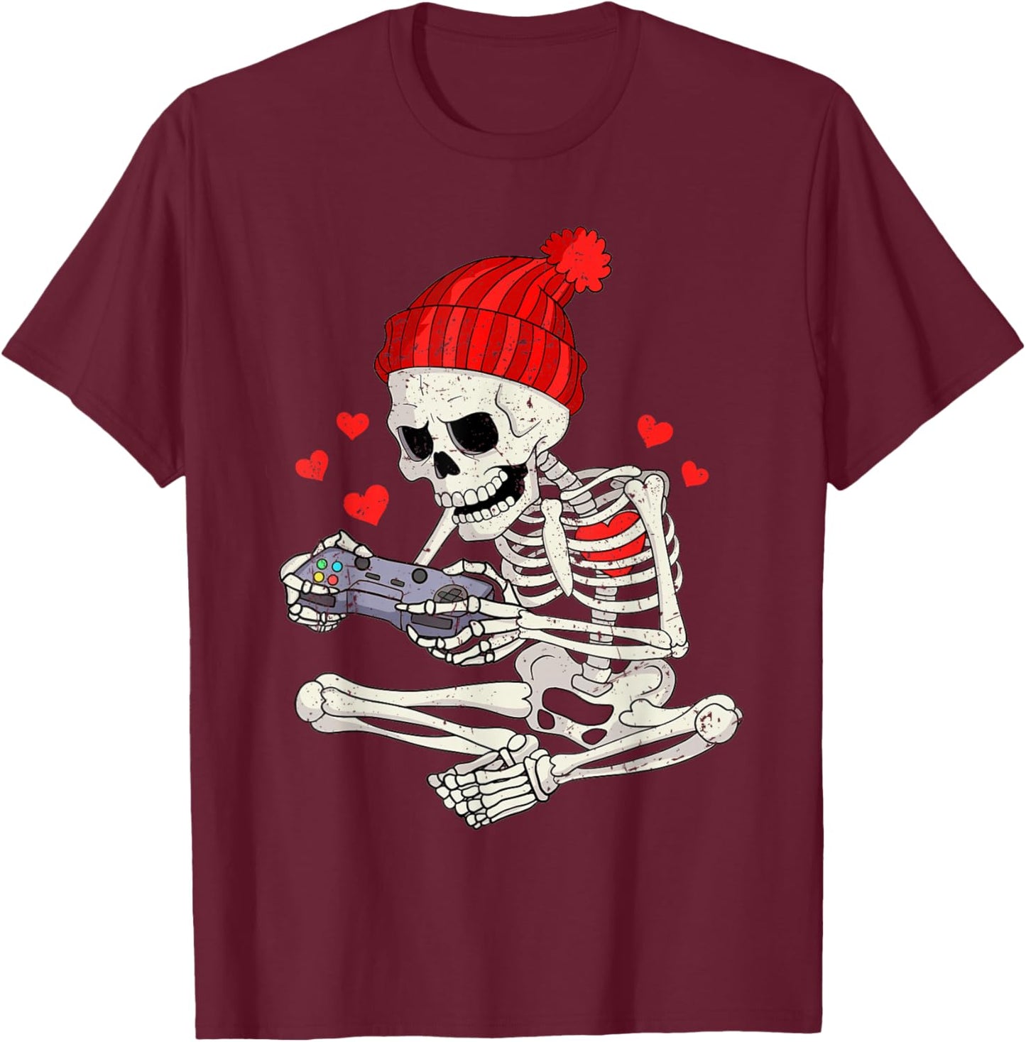 Funny Boys Valentines Skeleton Gamer Video Games Gaming T-Shirt - T-Shirt | Maroon