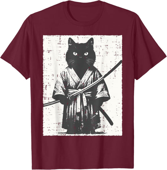 Japanese Black Cat Kimono Katana Samurai Art Men Women Kids T-Shirt - T-Shirt | Maroon
