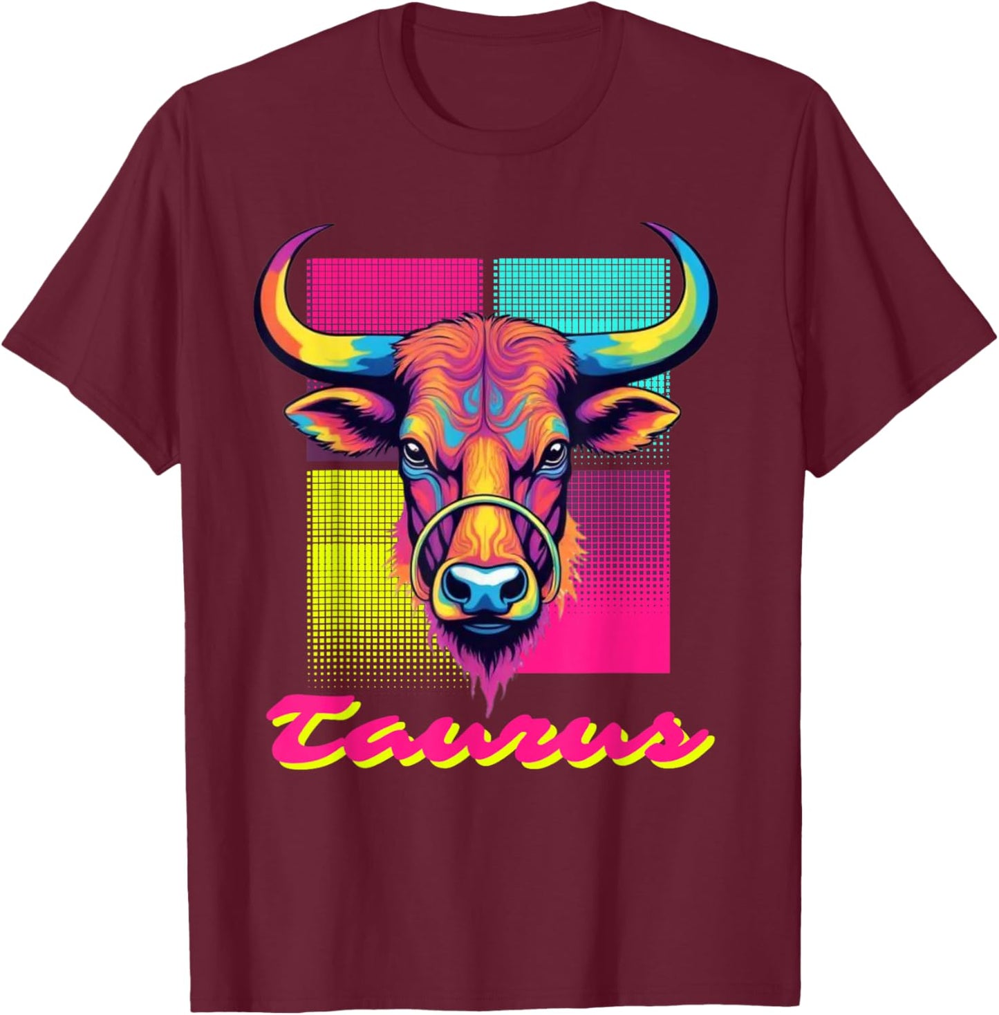 Taurus Bull Neon Retro 80s Vaporwave Zodiac Graphic, Taurus T-Shirt - T-Shirt | Maroon