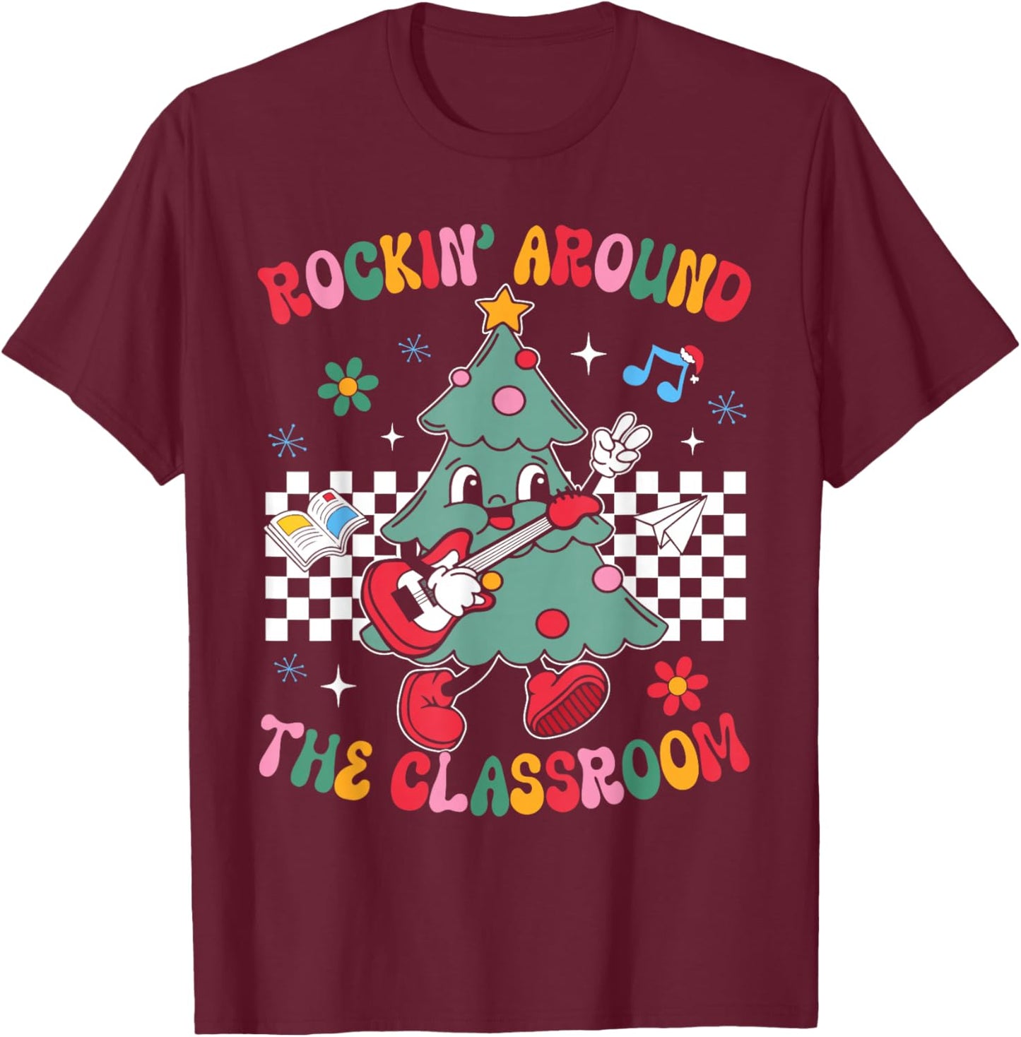 Retro Groovy Teacher Christmas Rockin' Around The Classroom T-Shirt - T-Shirt | Maroon