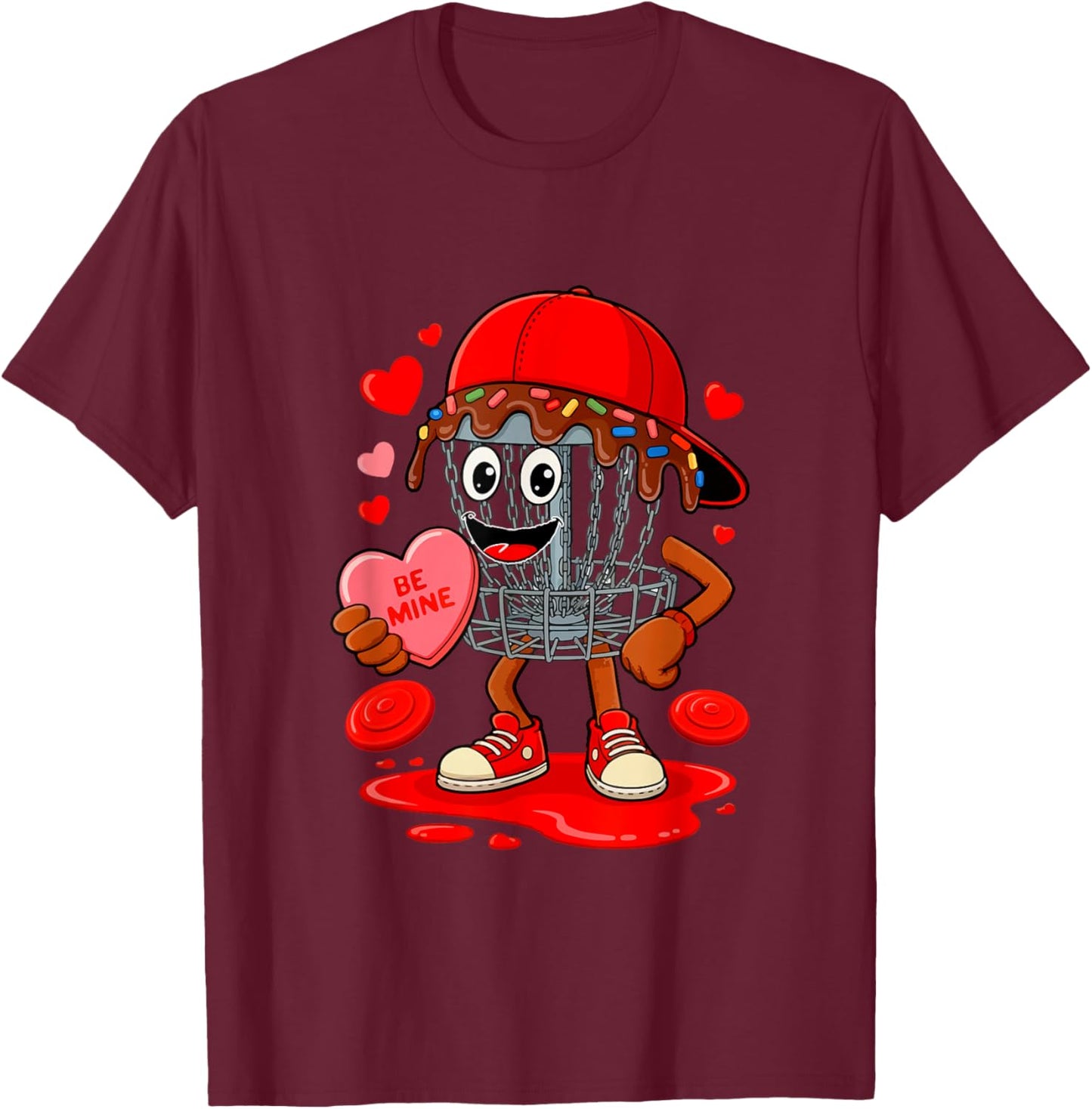 Disc Golf Equipment Player Valentine Hearts Costume Dripped T-Shirt - T-Shirt | Maroon