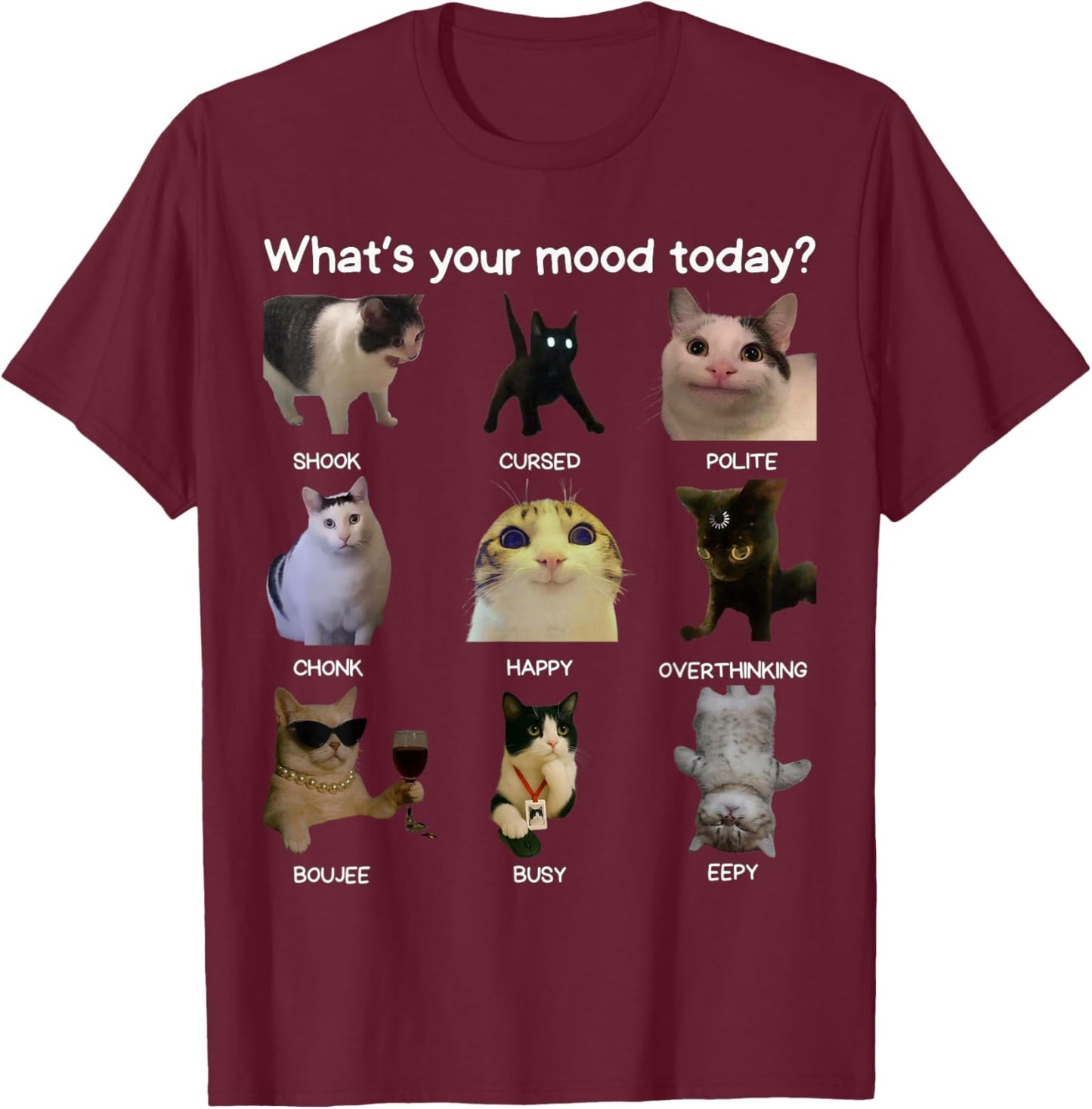 Funny Cat Meme Men Women What's Your Mood Today? T-Shirt - T-Shirt | Maroon