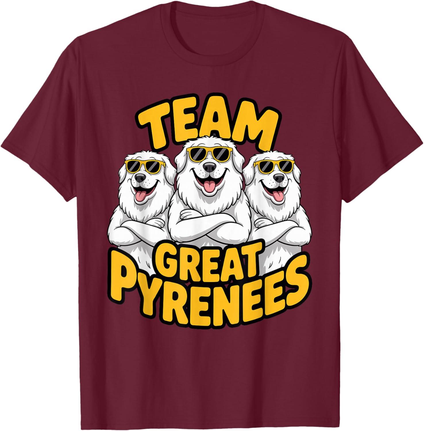White Cartoon Mountain Pet Dog Breed Team PYR Great Pyrenees T-Shirt - T-Shirt | Maroon