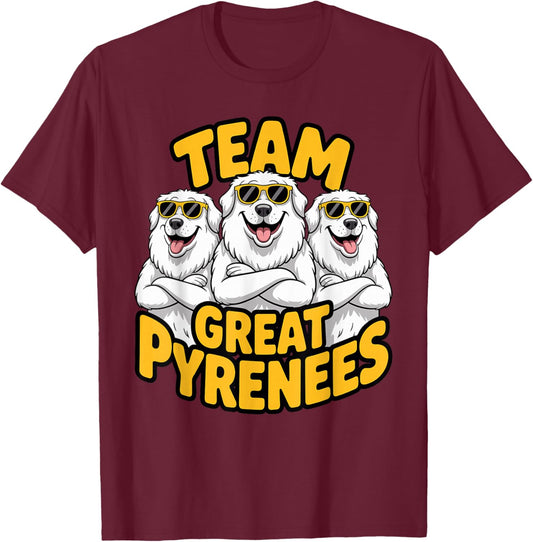 White Cartoon Mountain Pet Dog Breed Team PYR Great Pyrenees T-Shirt - T-Shirt | Maroon