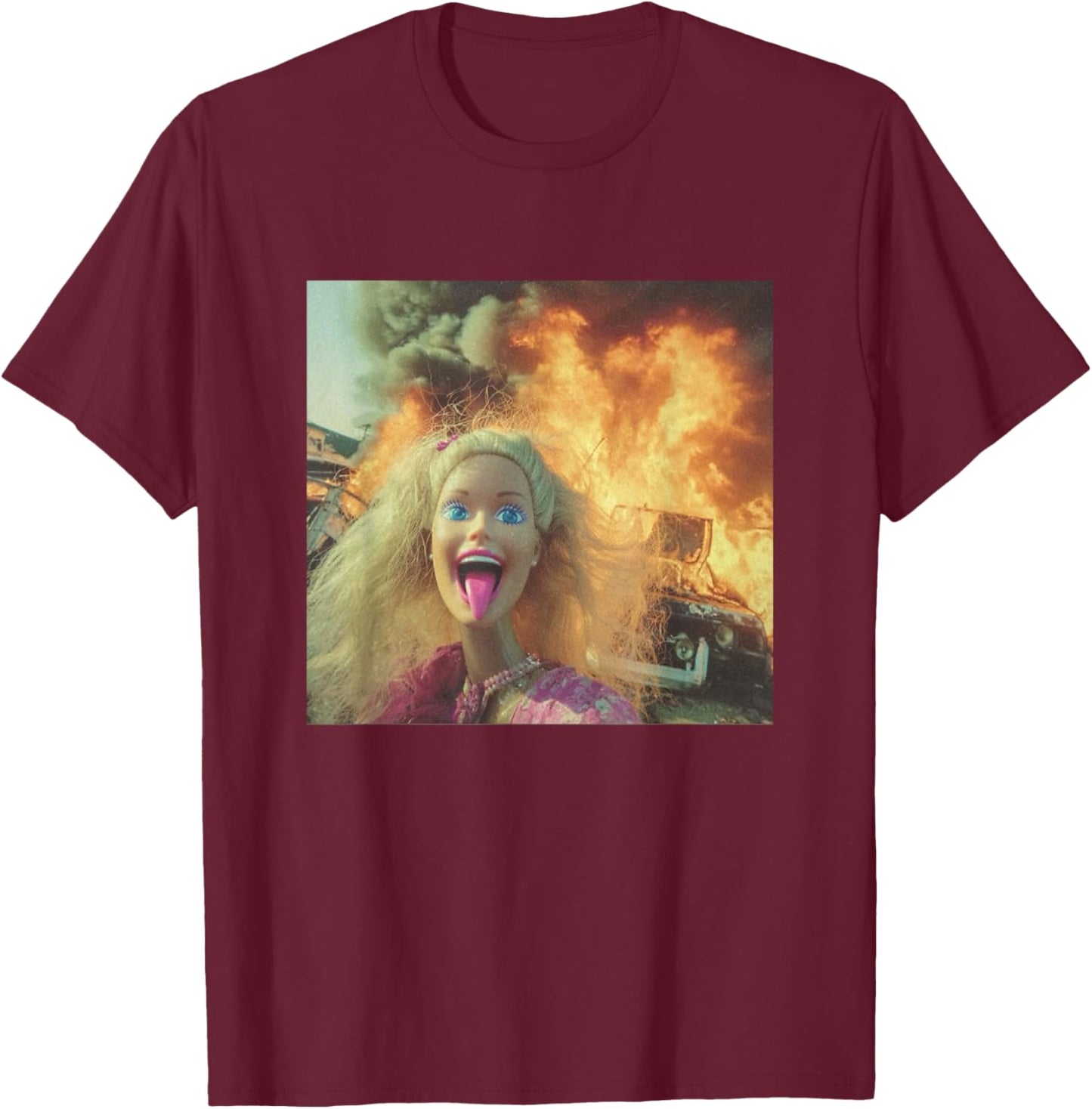 Doll Selfie in Front of Fire Funny Chaos Meme T-Shirt - T-Shirt | Maroon