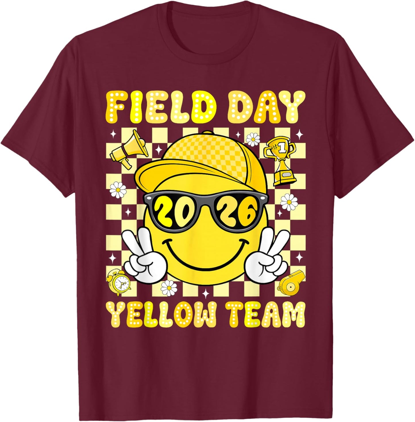 Field Day 2026 Yellow Team Smile Face Sports School Boy Kids T-Shirt - T-Shirt | Maroon