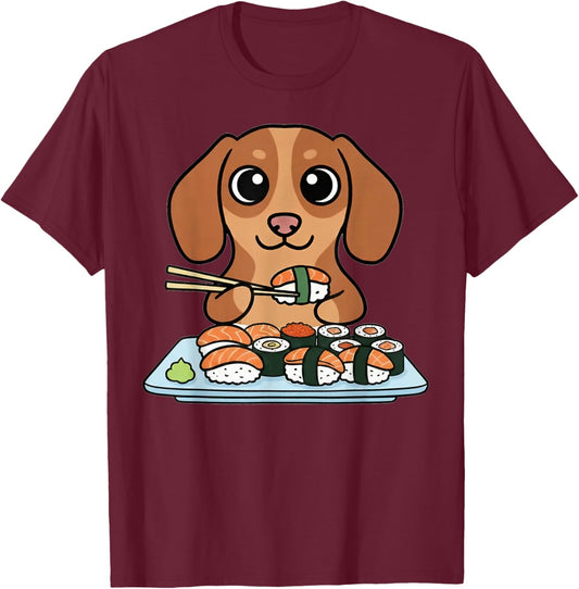 Cute Kawaii Dog Eating Sushi Japanese T-Shirt - T-Shirt | Maroon
