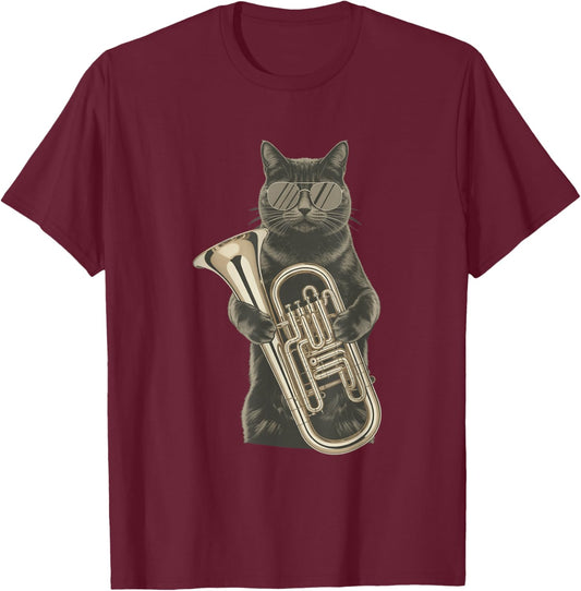 Moggy Cat Sunglasses Tuba Domestic Shorthair Tubist T-Shirt - T-Shirt | Maroon