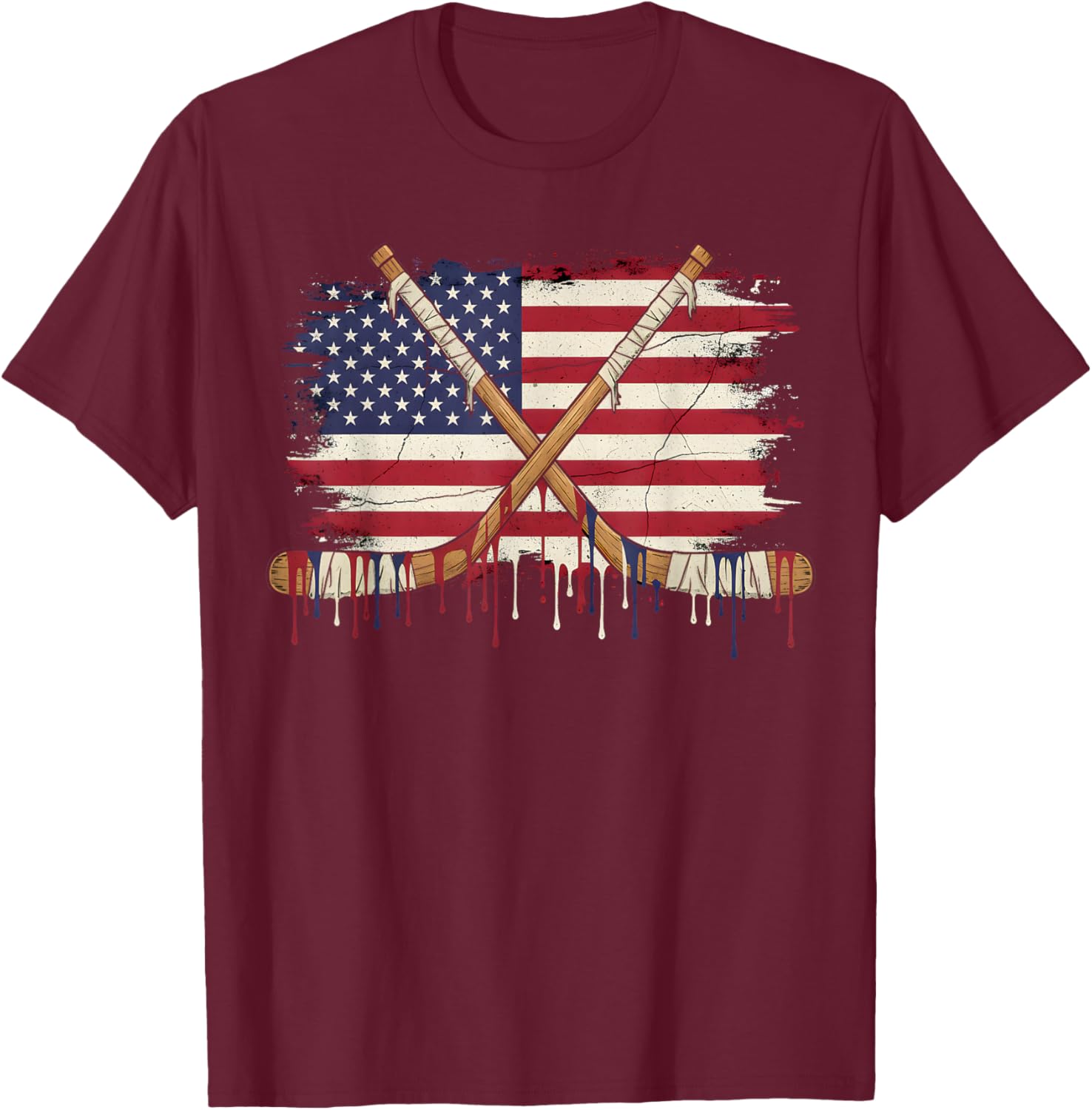 Ice Hockey Ice Cream Drip Boys American Flag Youth Players T-Shirt - T-Shirt | Maroon