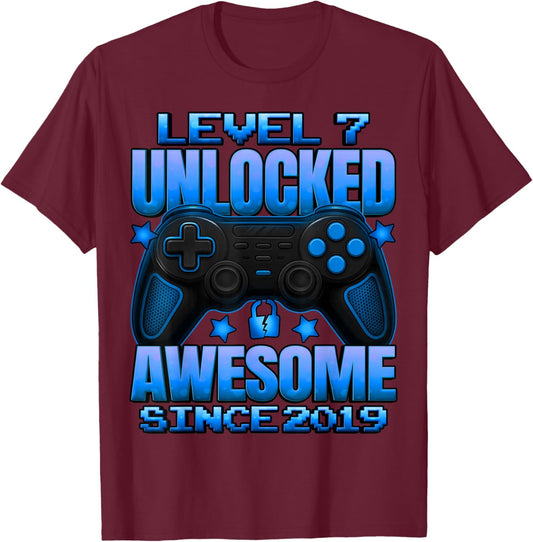Level 7 Unlocked 7 Year Old Gifts for Boys 7th Birthday Boy T-Shirt - T-Shirt | Maroon
