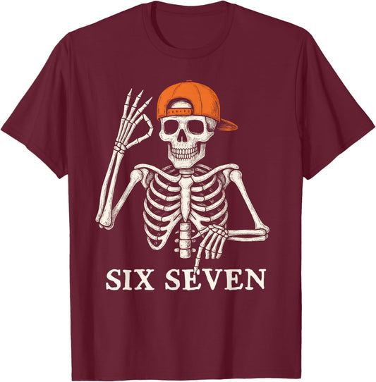 6 7 Meme Gen Alpha Halloween Skeleton Hands Sign Six Seven T-Shirt - T-Shirt | Maroon