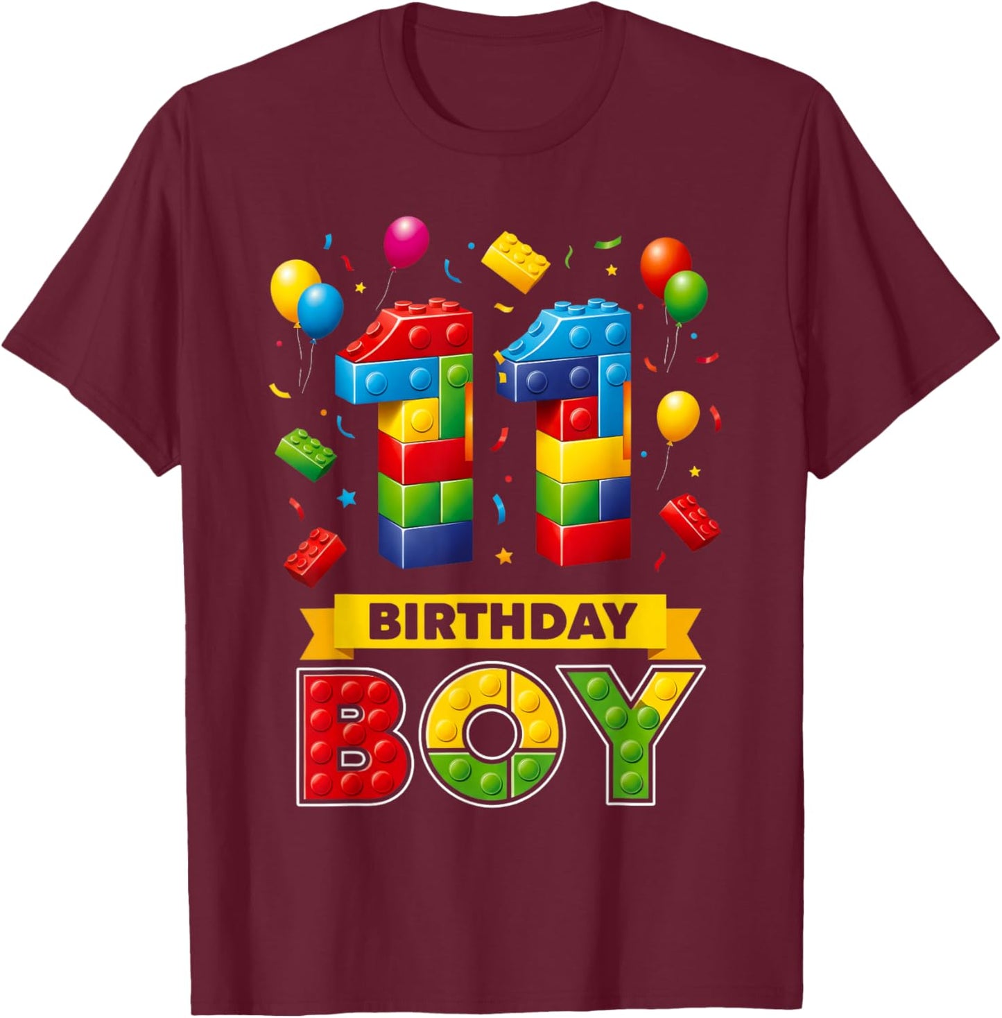 11 Year Old Building Blocks Kids It's My 11th Birthday Boy T-Shirt - T-Shirt | Maroon